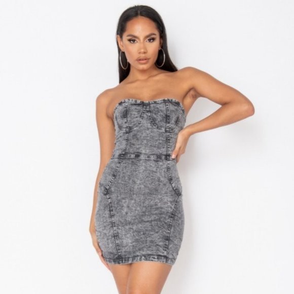 Blue Denim Jeans Strapless Bustier Bodycon Mini Dress - Picture 15 of 16